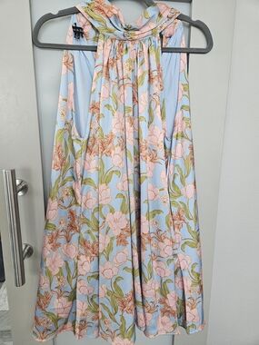 Floral Halter Mini Dress - Light Blue & Pink